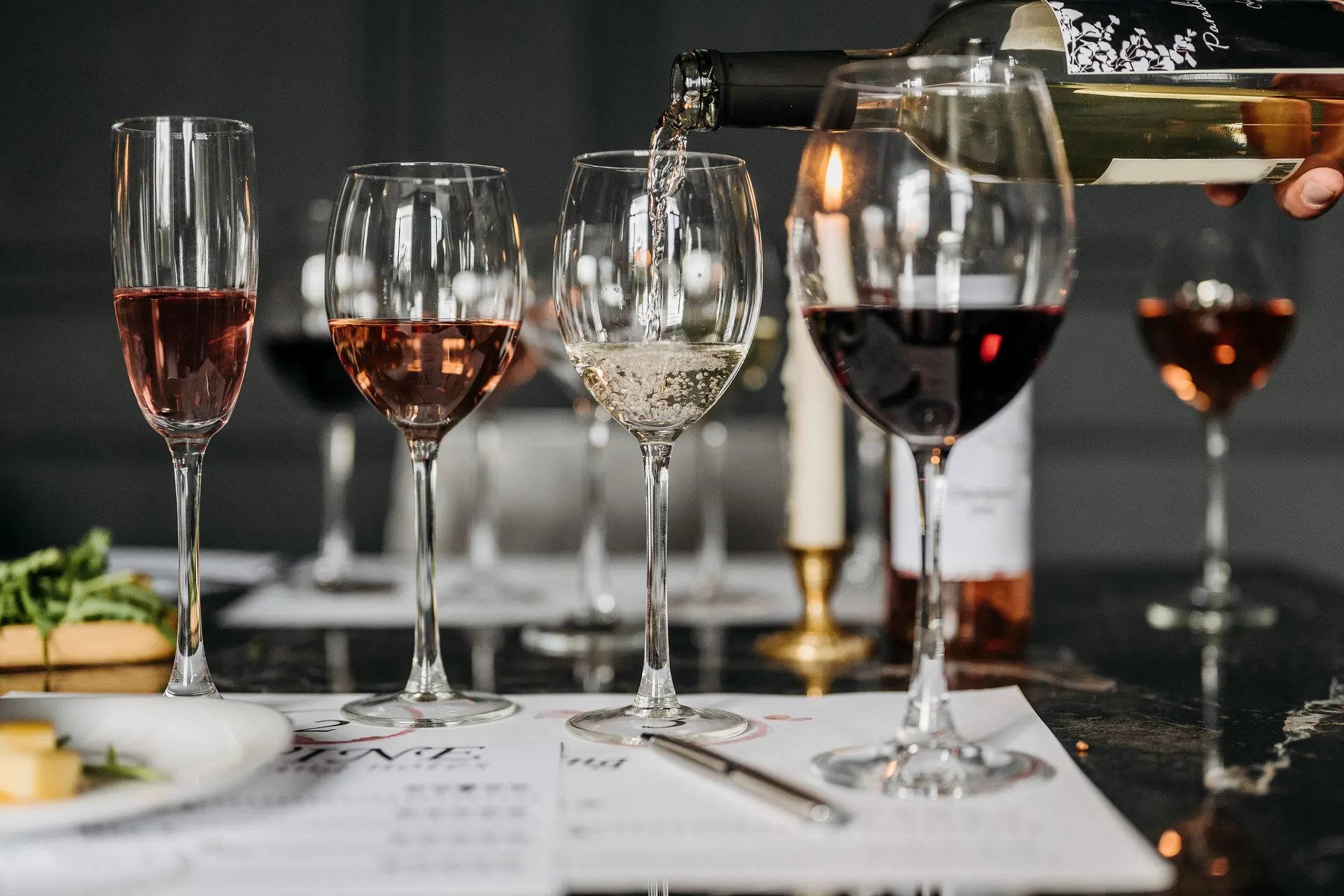 Wine glasses set for a tasting flight